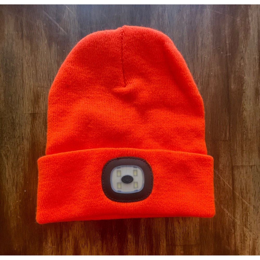 Neon Orange LED Beanie Hat Rechargeable Headlamp 3 Modes Hunting Safety Running